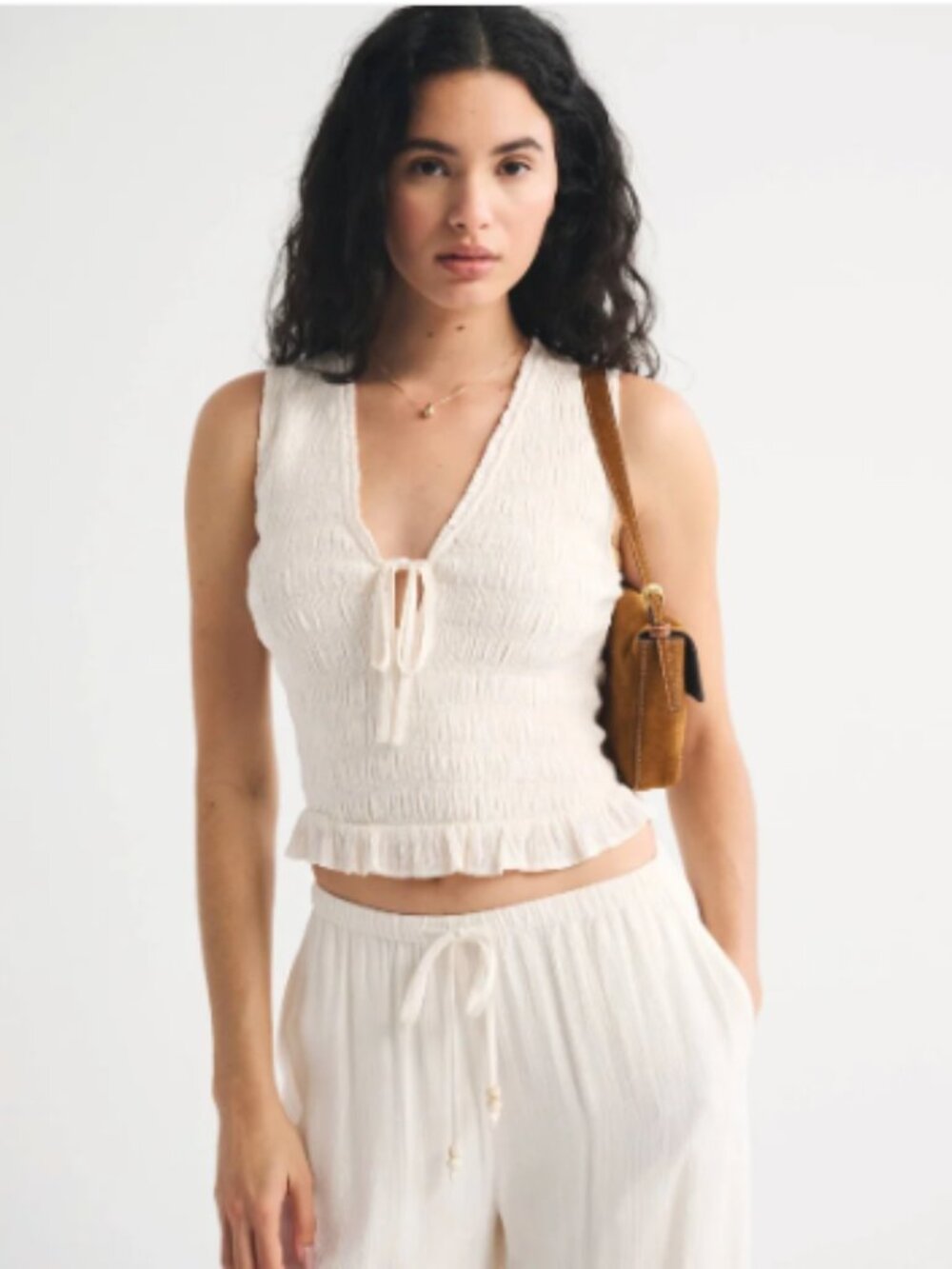 Abercrombie & Fitch Smocked Tie-Front Set Top, Cream, Medium